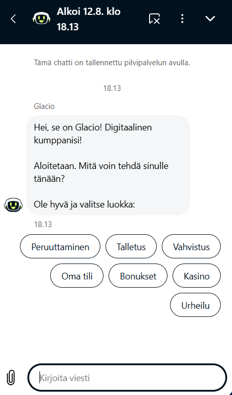 FrostyBetin virtuaaliavustaja Frenzy asiakaspalvelun chatissa