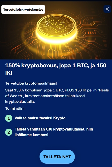 FrostyBetin 150 prosentin kryptobonus, jopa 1 BTC ja 150 ilmaiskierrosta