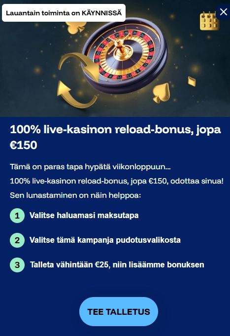 FrostyBetin lauantain live-kasinon 100 prosentin reload-bonus, enintään 150 euroa