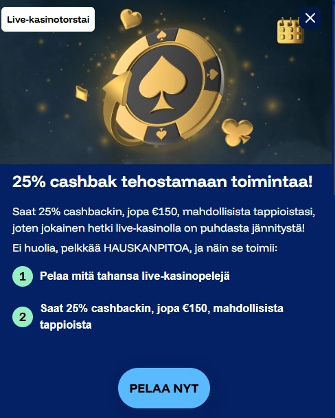 FrostyBetin live-kasinon 25 prosentin cashback, enintään 150 euroa