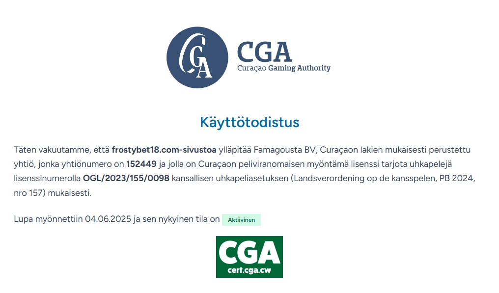 FrostyBetin Curaçaon pelilisenssin käyttöoikeustodistus, lisenssinumero OGL/2023/155/0098