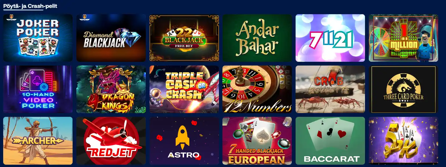 FrostyBetin pöytä- ja Crash-pelit, kuten blackjack, pokeri, ruletti ja Crash-pelit