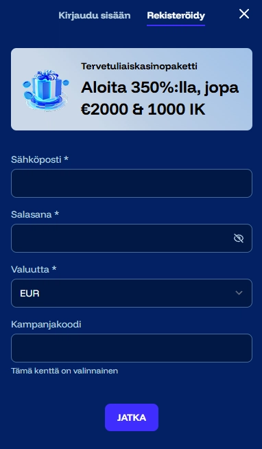 FrostyBetin rekisteröintilomake, jossa annetaan sähköpostiosoite, salasana ja tilivaluutta